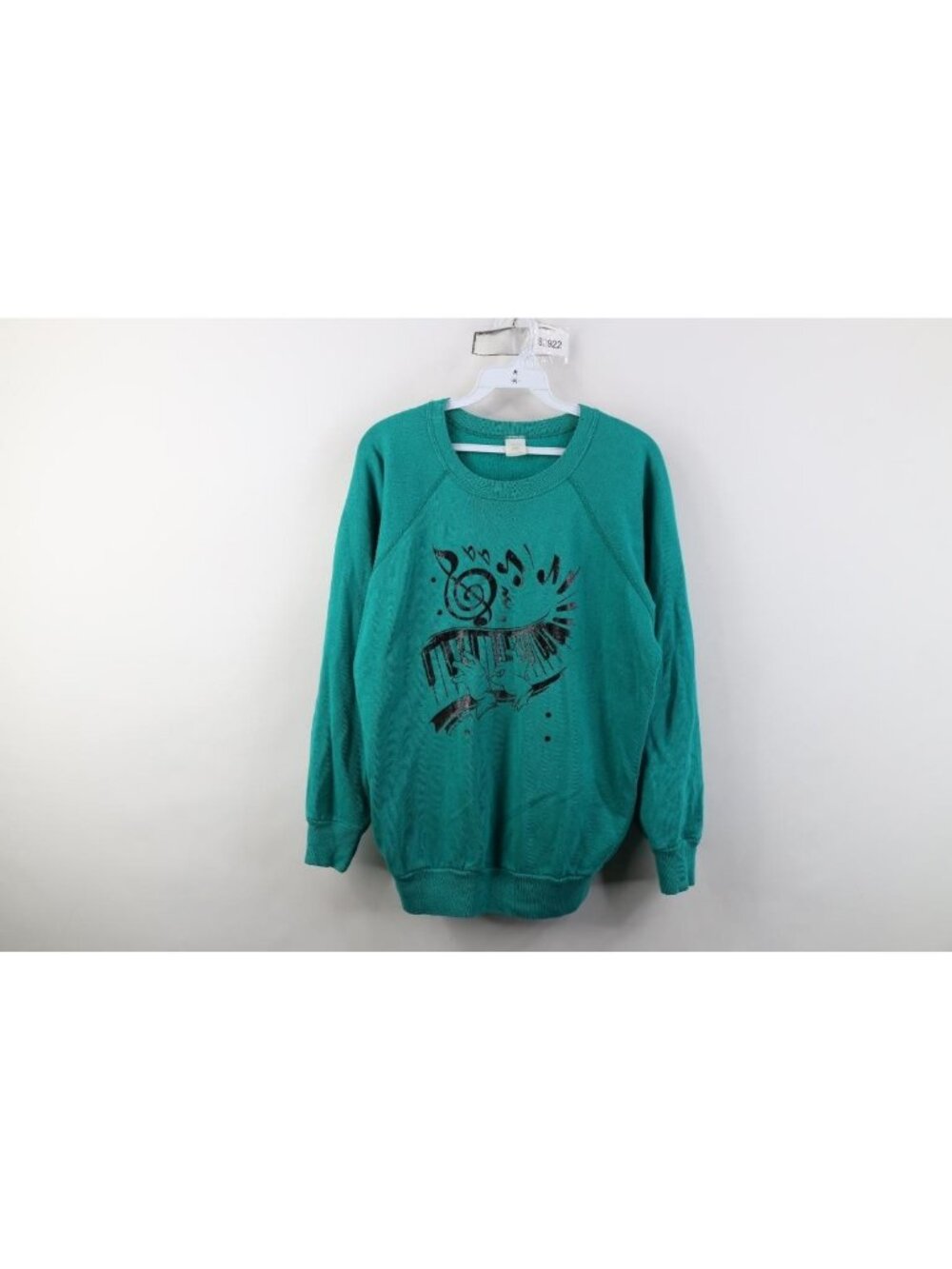 Vintage 70s 80s Womens Large Distressed Piano Player Raglan Sweatshirt Teal USA